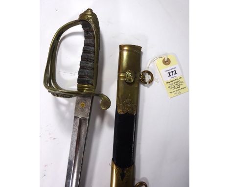 A Victorian 1845 pattern Infantry officer’s sword, etched fullered blade 31”, the regulation pattern brass hilt having non fo