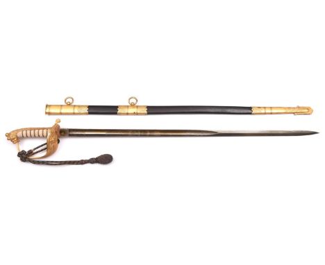 A good RN officer’s sword, c 1950, straight fullered blade 31½”, etched with crowned fouled anchor and Royal Arms within rope