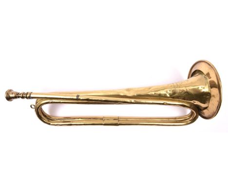 A brass cavalry trumpet, by Henry Potter, Charing Cross, London, stamped with WD and broad arrow, “C&amp;M, 1879, 3/81, 1 RD”