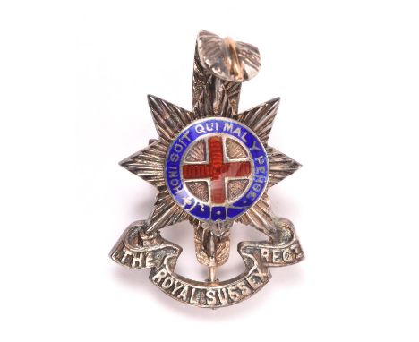 An officer’s cap badge of the Royal Sussex Regiment, of unmarked silver and enamel, with two copper lugs. GC                 