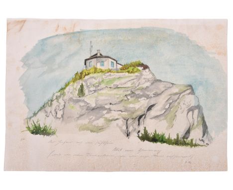 A small watercolour painting, 14½” x 10”, of a building on a hill, signed and dated A Hitler 1935,&nbsp; with pencil inscript