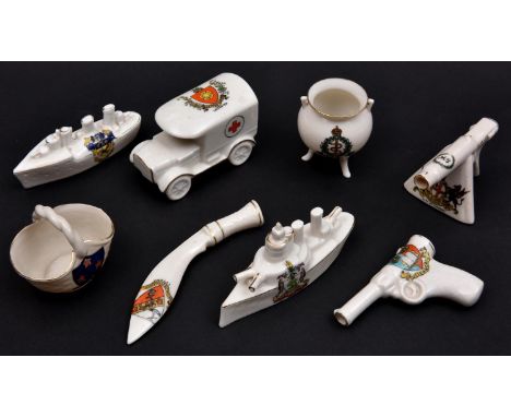 8 crested china items comprising: WWI machine gun (City of London); Warship (Smethwick); Ambulance (Leicester); pistol (Lutte