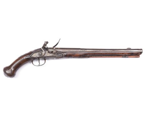 An unusually long mid 18th century French 16 bore flintlock holster pistol,  21½” overall, 2 stage barrel 15”, the octagonal 