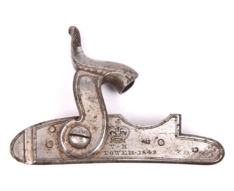 A detached lock from a percussion Sea Service or Coast Guard pistol, early type, the plate engraved with crown over “V-R” and