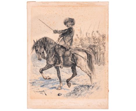 An original R. Caton Woodville sketch, dated 1889, depicting a mounted Oliver Cromwell, with drawn sword leading his helmeted