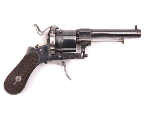 A 6 shot 7mm double action open frame pinfire revolver,  round barrel 3½”, B’ham proved, totally plain with folding trigger a