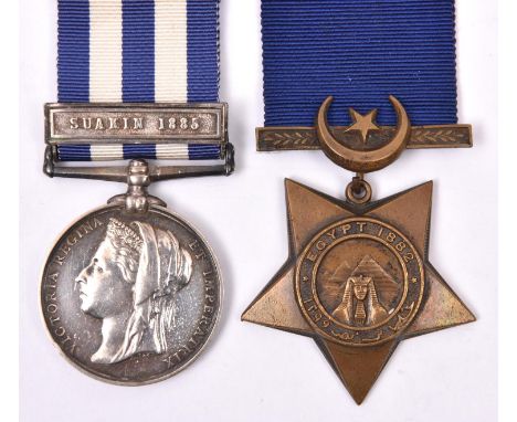 Egypt 1882,  1 clasp Suakin 1885 (1793 Pte R Lythe, 1/Shrops LI), VF, very little pitting from star, pawn (?) mark to edge; K