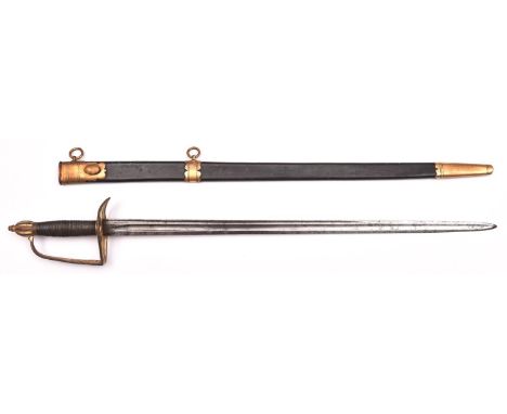 A Georgian naval officer’s sword c 1775, straight fullered blade 25”, with back fuller, gilt straight stirrup hilt, the outer