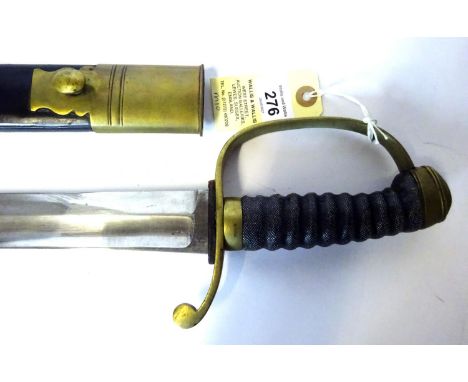 A mid 19th century Police hanger, plain polished fullered blade 24” with back edge for last 7”, brass hilt with fishskin cove