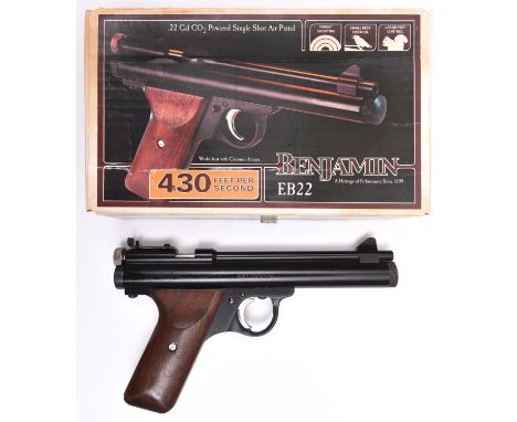 A .22” Crosman Benjamin EB22 single shot CO2 pistol,  number N11705224, with black lacquered finish and plain wood grips. GWO
