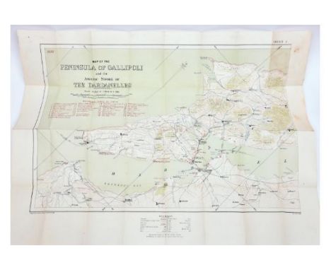 A pre WWI War Office map on linen of the “Peninsula of Gallipoli and the Asiatic shore of the Dardanelles”, scale one inch to