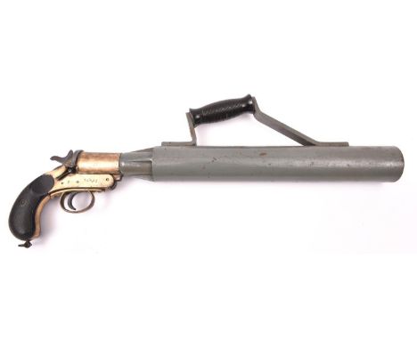 A Schermuly line throwing pistol, number 18463, the breech stamped with broad arrow and “D.K”, and with ordnance proof mark, 