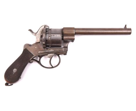 A Belgian 6 shot 12mm double action open frame military type pinfire revolver, round barrel 6”, B’ham proved, the cylinder st