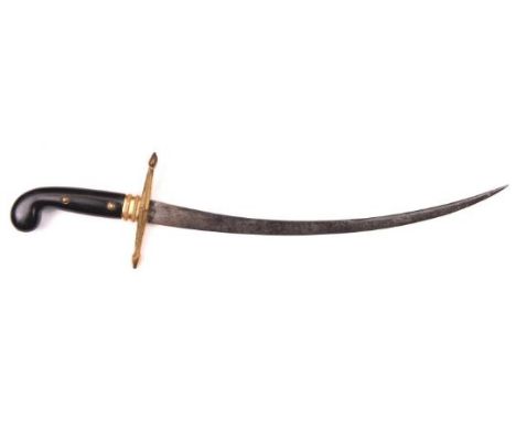 A Georgian naval dirk, slender curved SE blade 9”, DE at tip, with traces of blueing and gilding at forte, copper hilt, the c