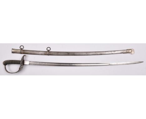 A late 19th or early 20th century Austrian cavalry officer’s sword,  fullered blade 34” etched with panels of scrolls and coa