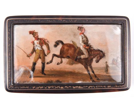 A mid 19th century French snuff box, the interior of tortoiseshell veneered externally with exotic tropical black speckled wo