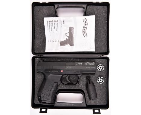 A .177” Umarex Walther CP99 repeater CO2 pistol,  number J12438864. GWO &amp; New Condition, in its foam lined plastic carryi
