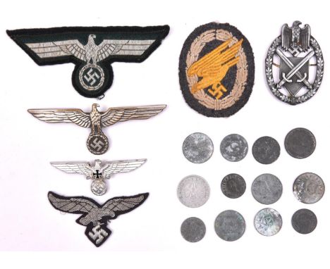 Third Reich insignia etc: 2nd pattern Army marksman’s lanyard badge; Veterans cap eagle, the back marked “Ges Gesch”; a large