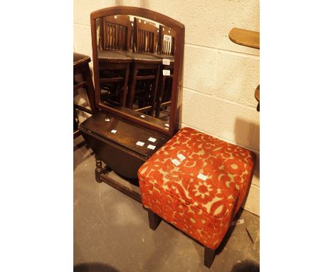 Small oval dark oak dropleaf table 55 x 76 x 46 cm and wooden framed mirror and square red upholstered stool on four legs