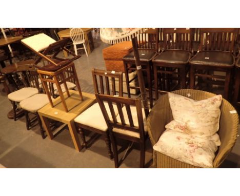 Mixed furniture including Lloyd Loom chair chairs table lamp and stools