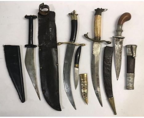 A COLLECTION OF FIVE ASSORTED PERSIAN AND OTHER KNIVES. A Persian ceremonial knife with a 16.5cm curved and pointed blade on 