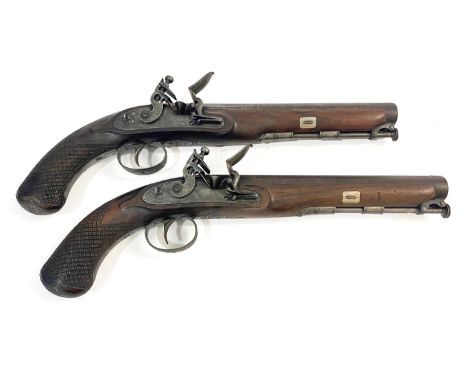 A FINE PAIR OF DUELLING PISTOLS BY PROSSER OF LONDON. A pair of Officer's Pistols with 23cm flat topped 17 bore round barrels