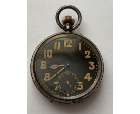 A SILVER CASED ARMY ISSUE POCKET WATCH. An open faced pocket watch, the black dial with seconds dial and marked 'Williamson' 