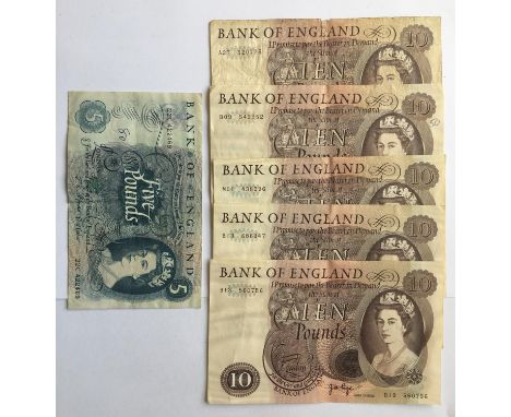 FIVE SERIES 'C' PORTRAIT ISSUE TEN POUND NOTES. Five Series 'C' notes, one J.Q.Hollom A27 520775 and four J.B.Page B09 549952