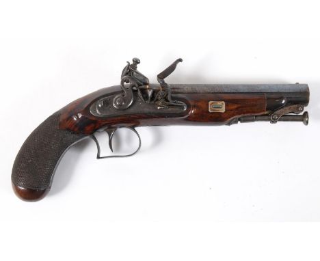 A FINE FLINTLOCK PISTOL BY WILLIAM CHANCE AND SON. With a 15cm octagonal Damascus barrel with blued finish and two gold lines