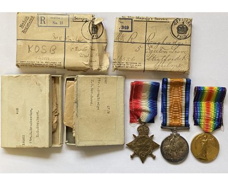 A GT WAR TRIO TO THE KINGS OWN SCOTTISH BORDERERS. A 1914/15 Star, British War &amp; Victory Medals in envelopes and boxes of