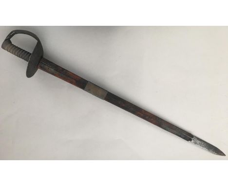 A HEAVY CAVALRY STYLE SWORD, POSSIBLY INDIAN MANUFACTURE. With 73cm straight pointed blade, cast handle and broad curving gua