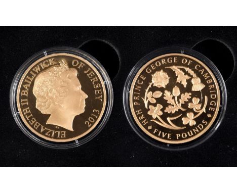 A JERSEY 2013 ROYAL BABY GOLD £5.00 COIN. A 22ct Jersey £5.00 gold coin, proof contained in a capsule, the obverse with a pro