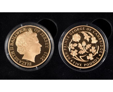 A JERSEY 2013 ROYAL BABY GOLD £5.00 COIN. A 22ct Jersey £5.00 gold coin, proof contained in a capsule, the obverse with a pro