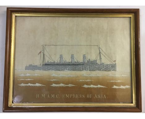 A PAIR OF NEEDLEWORK PICTURES OF H.M.A.M.C. EMPRESS OF ASIA AND EMDEN. A pair of finely worked needlework ships pictures 'H.M
