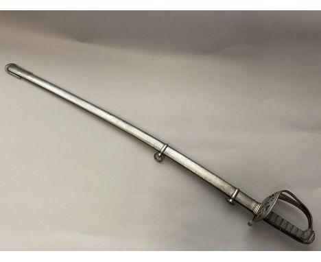 AN 1827 PATTERN RIFLE OFFICERS SWORD AND SCABBARD. With an 83cm curved blade with double edged spear point and partial fuller