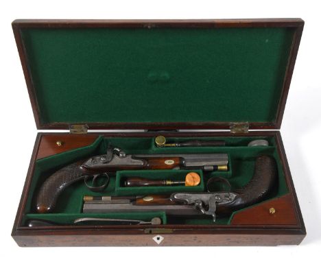 A FINE PAIR OF CASED PISTOLS BY FISHER. The pistols with 20.5cm octagonal barrels engraved 'Fisher London' to the top edge, r