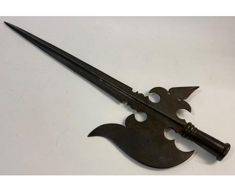 A FINELY DECORATED REPRODUCTION HALBARD. A pole arm with a long pointed central sword like blade with central spine and axe h