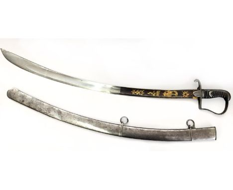 AN OFFICER'S 1796 LIGHT CAVALRY SABRE. With an 83.5cm curved, fullered, broad blade with gilt decoration against a blued grou