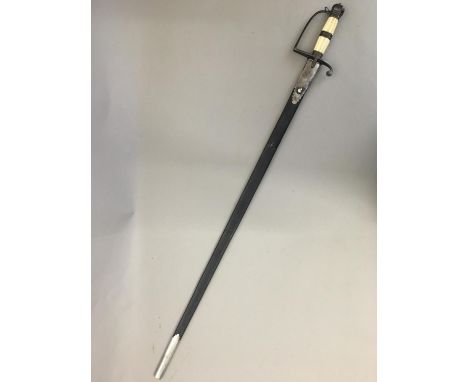 A 1786 PATTERN INFANTRY OFFICER'S SPADROON AND SCABBARD. With an 82cm pointed fullered blade engraved with a pre 1801 Royal C