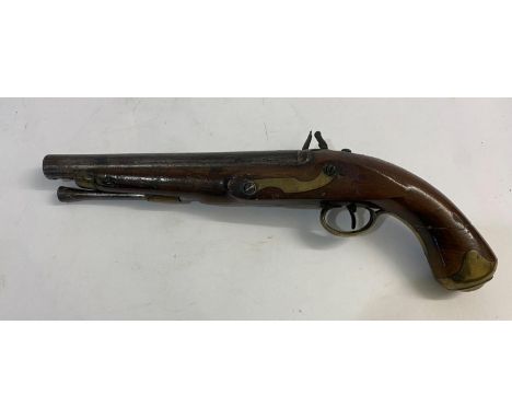 A LATE 18TH CENTURY TOWER FLINTLOCK PISTOL. With a 22.5cm tapering circular barrel with two proof marks, the side plate marke