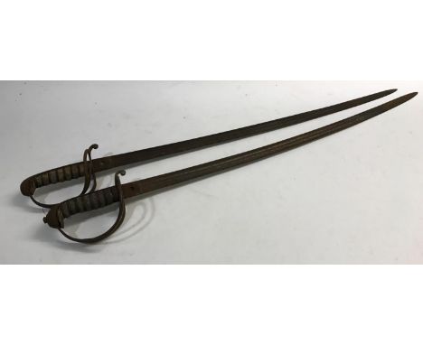 TWO SIMILAR 1821/2 PATTERN CAVALRY OFFICER'S SWORDS. The first with an 88cm partially fullered pointed blade with VR Conjoine