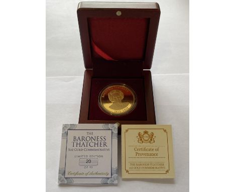 A BARONESS THATCHER 1 OZ GOLD COMMEMORATIVE COIN. A 22ct 1oz gold commemorative coin, proof contained in a capsule, the obver