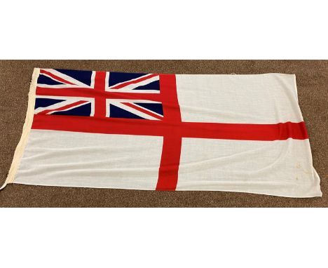TWO WHITE ENSIGN FLAGS AND ANOTHER. A white ensign, the border possibly dated 1987 with metal fixings, 84cm x 186cm. A simila