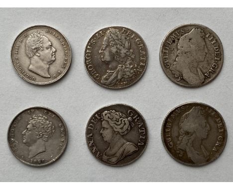 SIX SHILLINGS, WILLIAM III AND LATER. Shillings: William III dated 1696 y beneath bust for York mint, William III dated 1697,