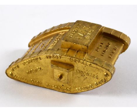 A McKECHNIE BRASS FIRST WORLD WAR TANK. An early 20th Century promotional bronze paperweight in the form of a First World War