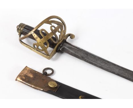 AN EARLY STIRRUP HILTED HANGER, POSSIBLY FOR A WARRANT OFFICER. With a 65.5cm curved partially fullered blade engraved with a