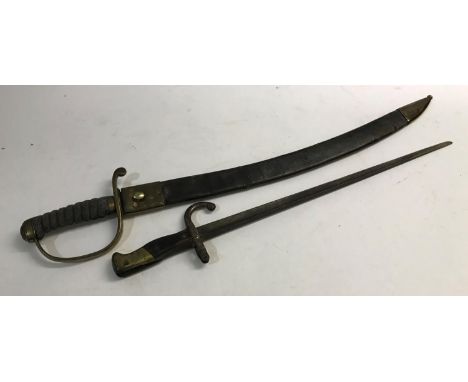 A VICTORIAN SWORD AND SCABBARD. The sword with a 60cm curved fullered flat backed blade with pointed end, double edged to the