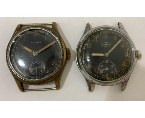 TWO SECOND WORLD WAR MILITARY WRIST WATCHES. A German military wristwatch by Helios with black dial with subsidiary seconds d