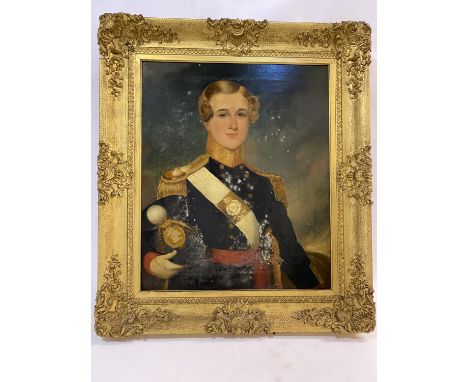 MAJOR B. K. FINNIMORE OF THE BOMBAY ARTILLERY. A half length portrait of Major Finnimore in uniform, oil on canvas,  60 x 50c
