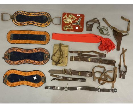 SAM BROWNES, HOLSTER, MAPCASE etc. An Officers Sam Browne and Mapcase, Holster and sword belt straps. Saddlery and spurs, rel